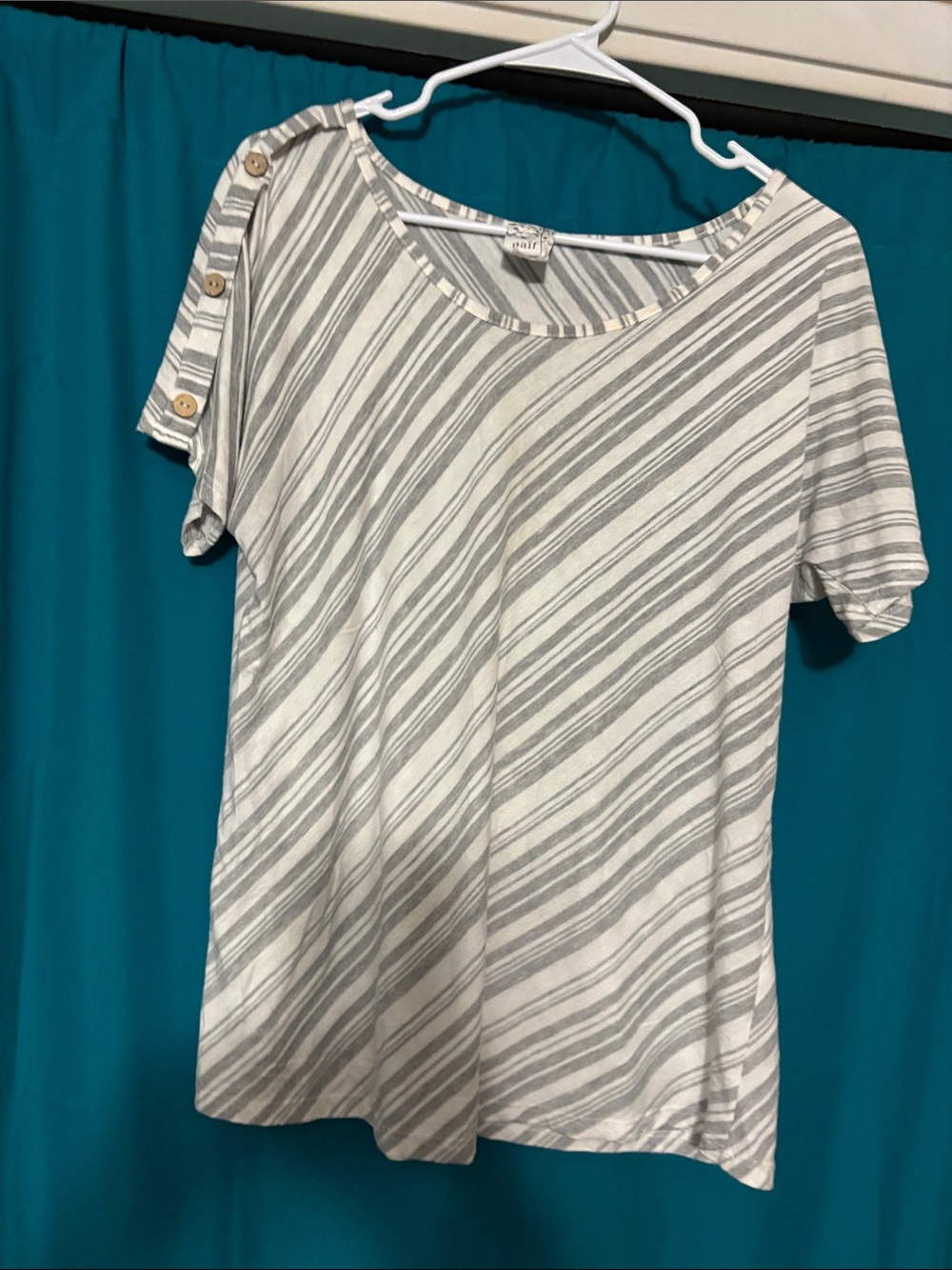 NAIF Gray and White Striped Short Sleeve Top with Shoulder Buttons
